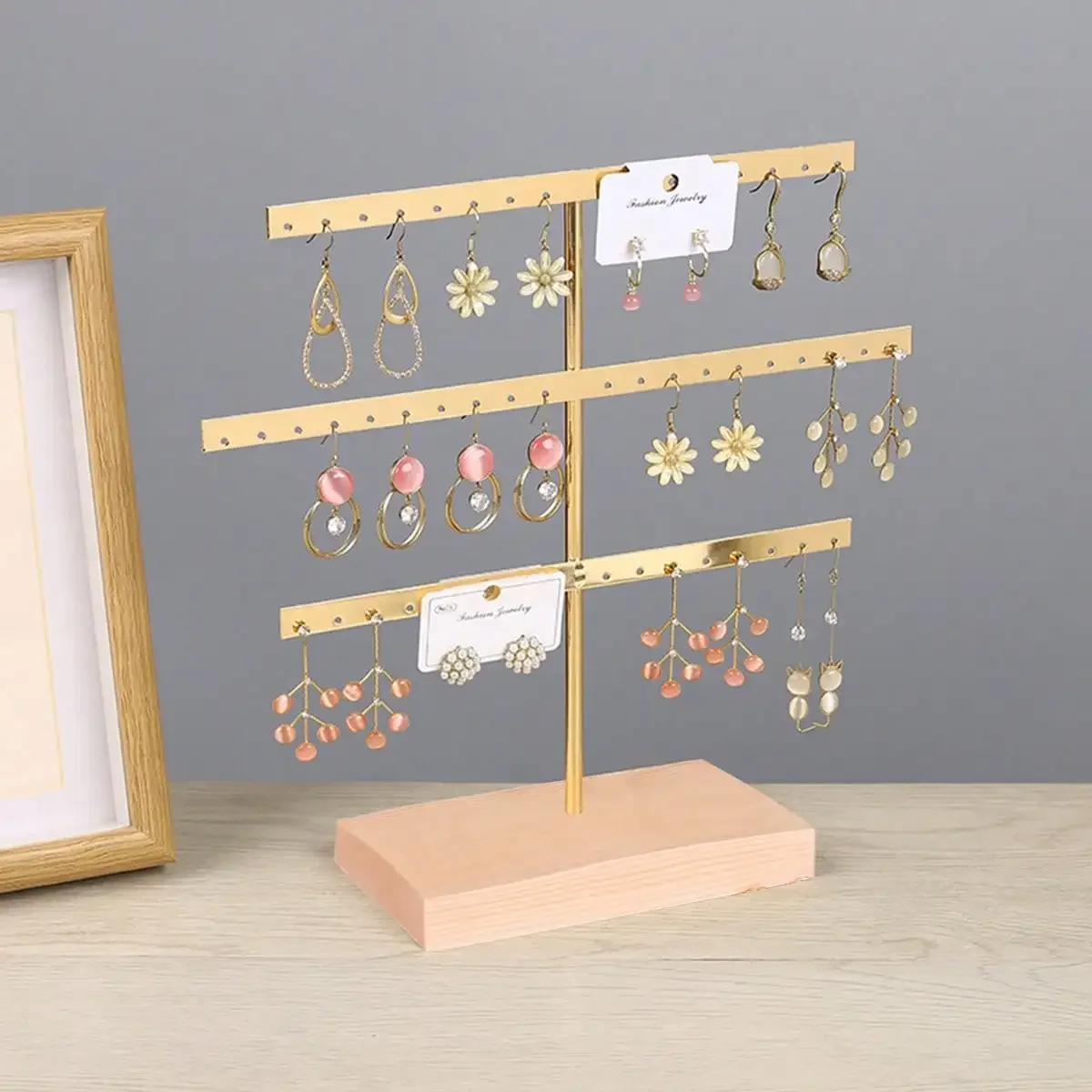 Support organisateur de bijoux à 52 trous, Base en bois, avec support 