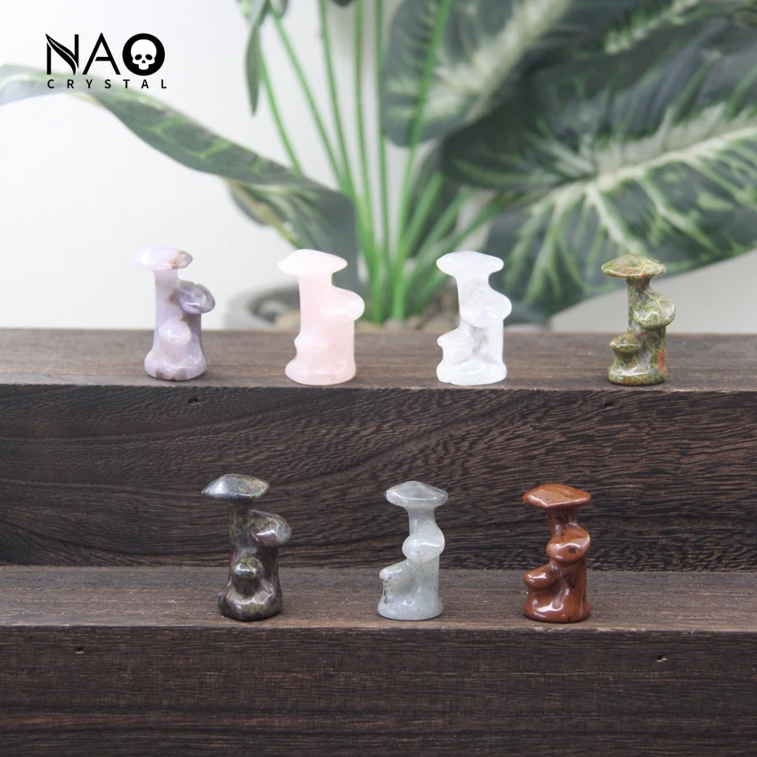 

1.3" Hand Carved Gemstone Trio Mushroom Statue,Healing Crystal Rose Quartzs Jungle Mini Fungus Figurine Home/Office Decor Gifts