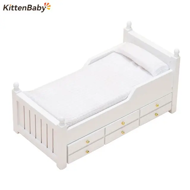 1:12 Dollhouse Miniature Bed White European Single Bed With Drawer Bedroom Furniture Model Decor Toy Doll House Accessories 1