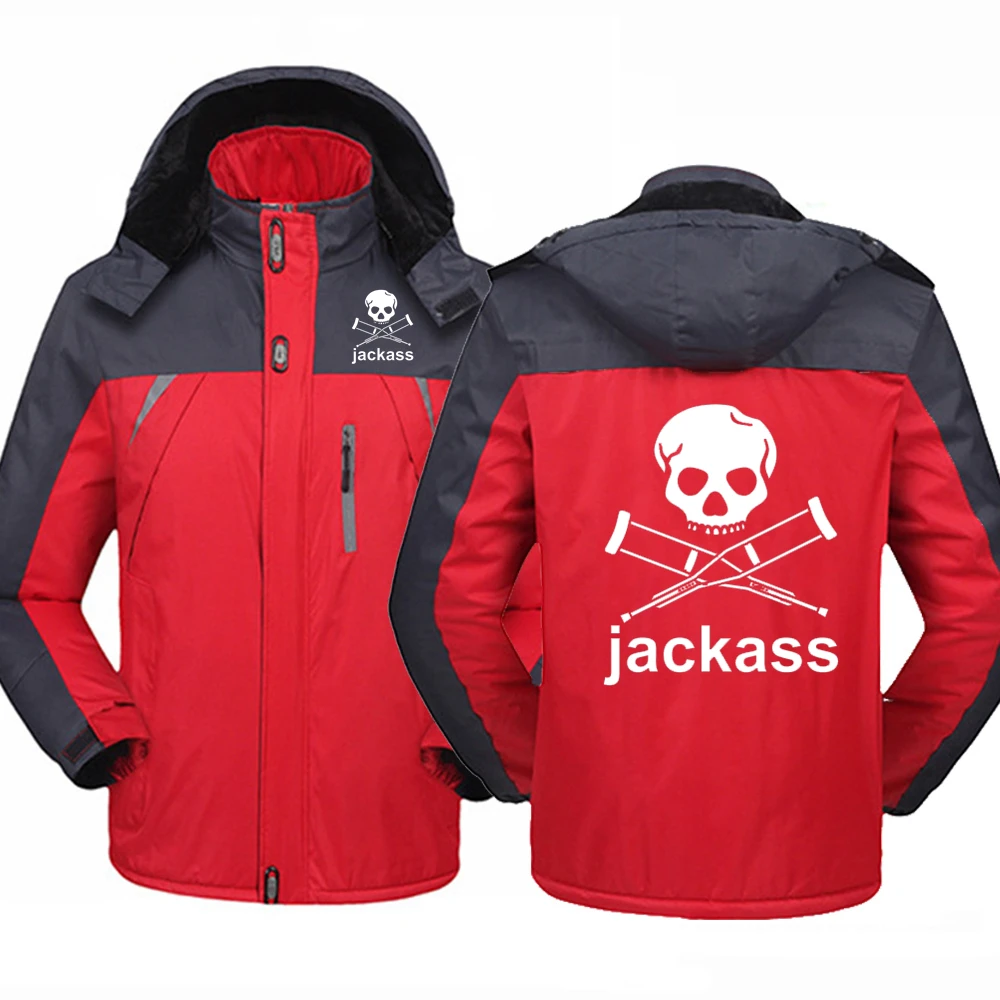 

2023 New Jackass Forever Logo Printed Custom Made Spliced Men Zipper Down Jacket Hoodie Cotton Warm Thicken Man Women Sportswear