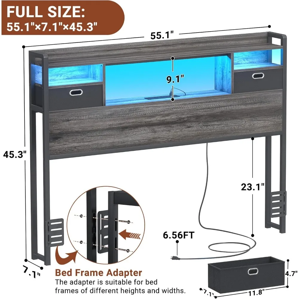 Wood Headboard Only for Full Size Bed with Bookcase and Power Outlet, Sturdy Head Bo，Full Headboard with Storage and LED Light