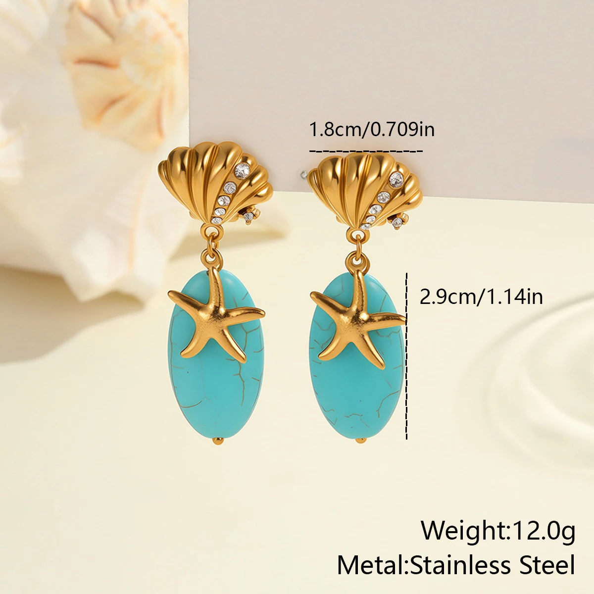Vintage Big Natural Stone Turquoise Pendant Lava Textured Starfish Dangle Earrings Zircon Shell Ear Stud Designer Jewelry Gifts