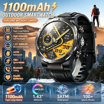 Smartwatch con Bussola per Esterni, 100+ Modalità Sportive, Monitoraggio della Salute, Notifiche Push, Assistente Vocale, Impermeabile 3ATM