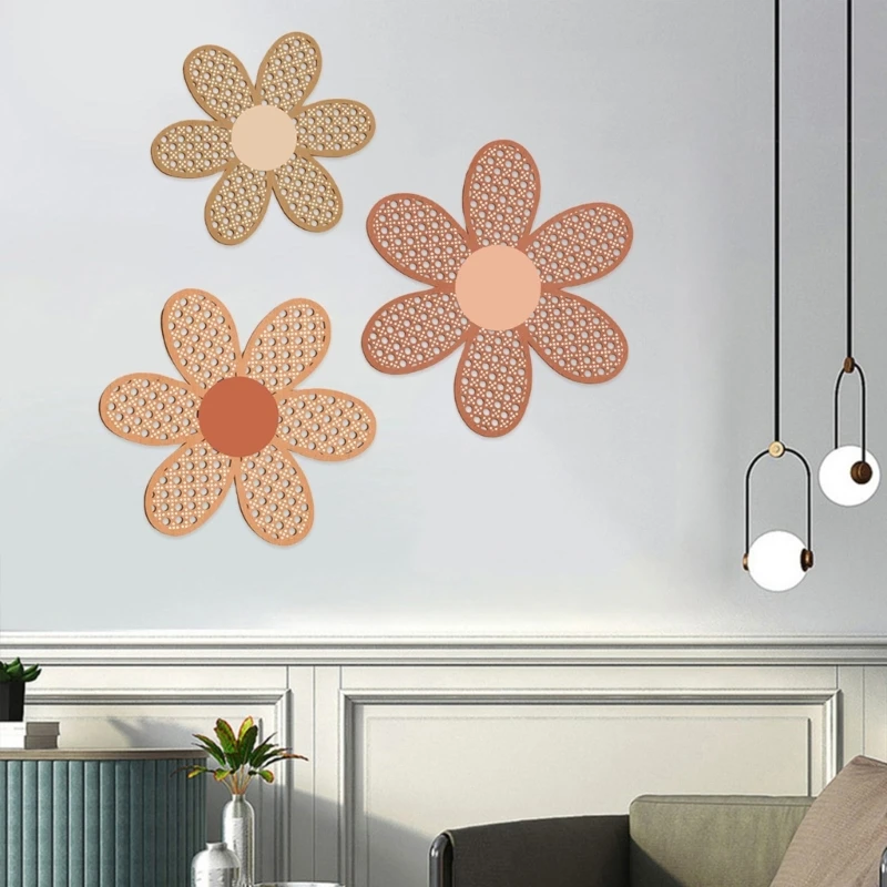 Flower Wall Sign Set of 3 Bohemian Rattan Flower Hanging Plaques for Nursery Living Room Wall Decoration Ornament 5
