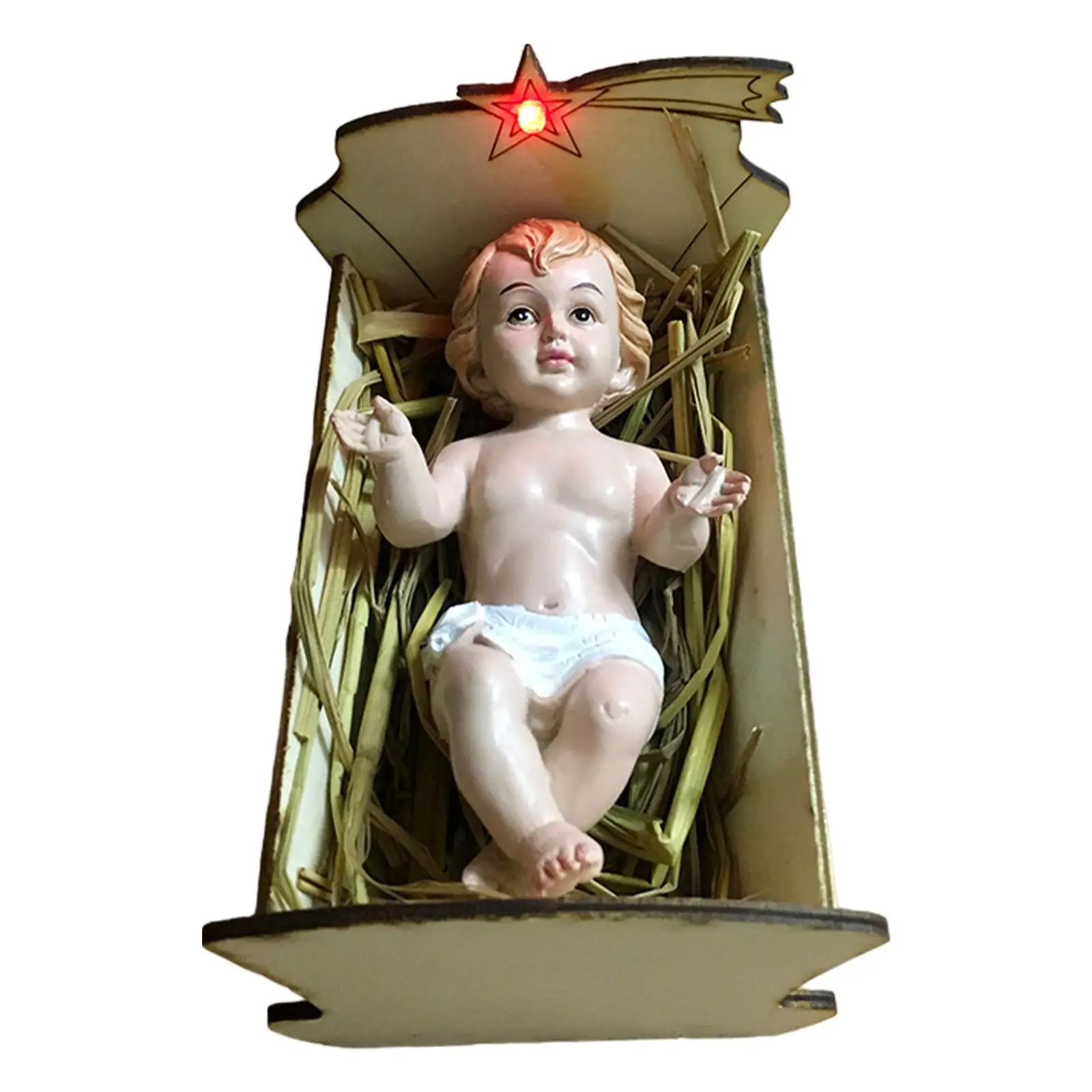 Babies Jesus Statue Wooden Manger Nativity Scene Decor Christmas Resin Sculpture for Indoor Holiday Home