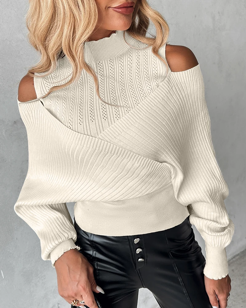 

Famale Winter 2024 Warm Solid Color Long Sleeve High Neck Tops Women Fashion Cold Shoulder Overlap Hollow Out Knit Sweater