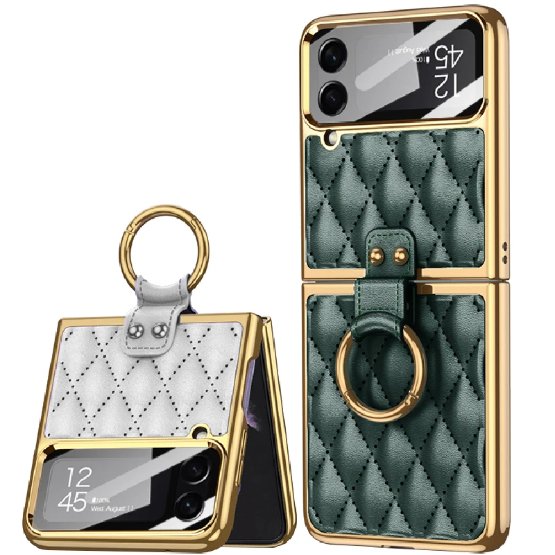 

Чехол из искусственной кожи с держателем для Samsung Galaxy Z Flip 4 с гальваническим покрытием, простая кожаная мембрана с ароматом