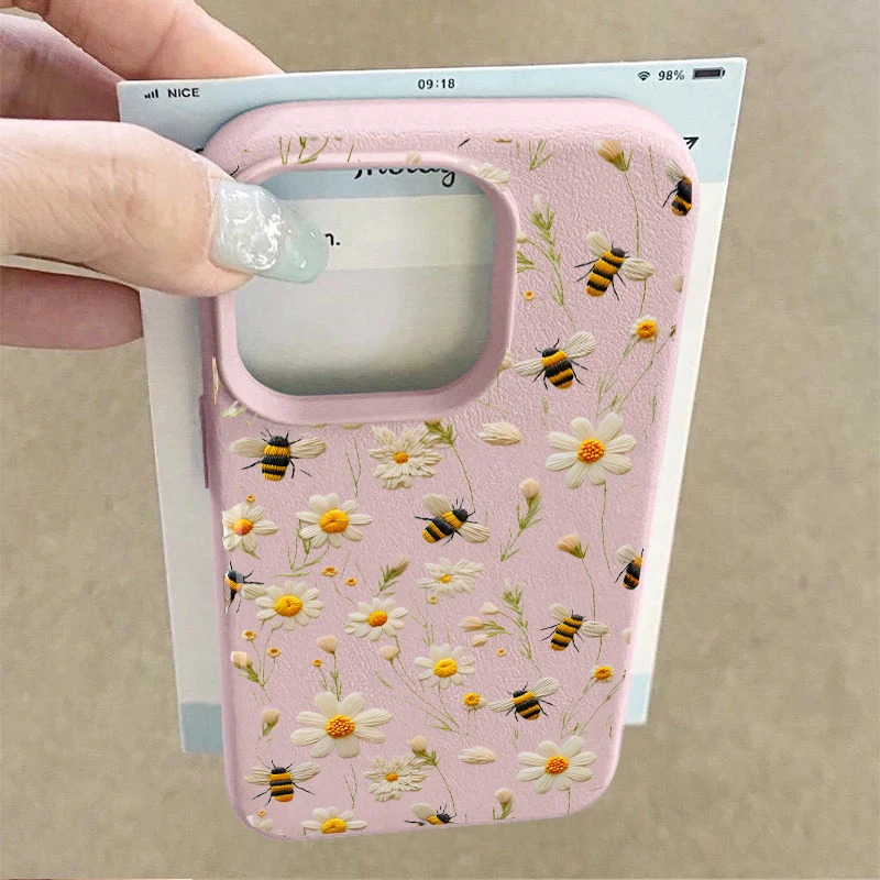 Luxurious Beaded Flower Lychee Texture Phone Case