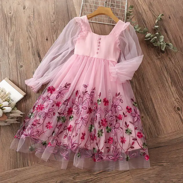 Spring Girls Princess Dress Long Sleeve Children Clothing Floral Sweet Family Party Wear Tulle Baby Girls Dress Vestidos 3-14Y db-pink