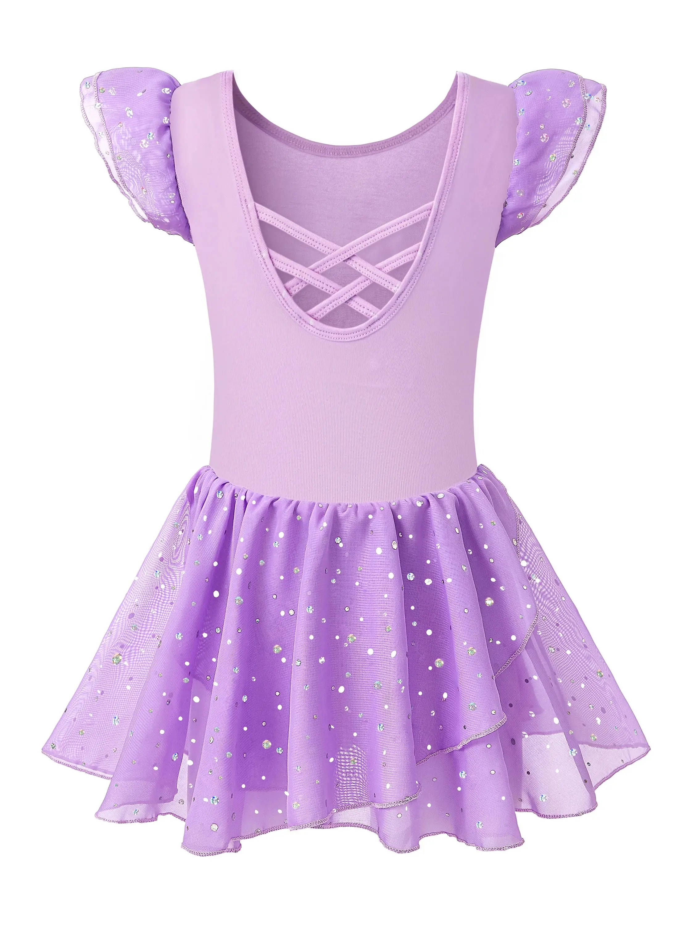Mädchen Ballett Trikots für Tanz Rüschen ärmel Ballett kleid hohl kreuz und quer zurück, glänzender Rock – Detail 1