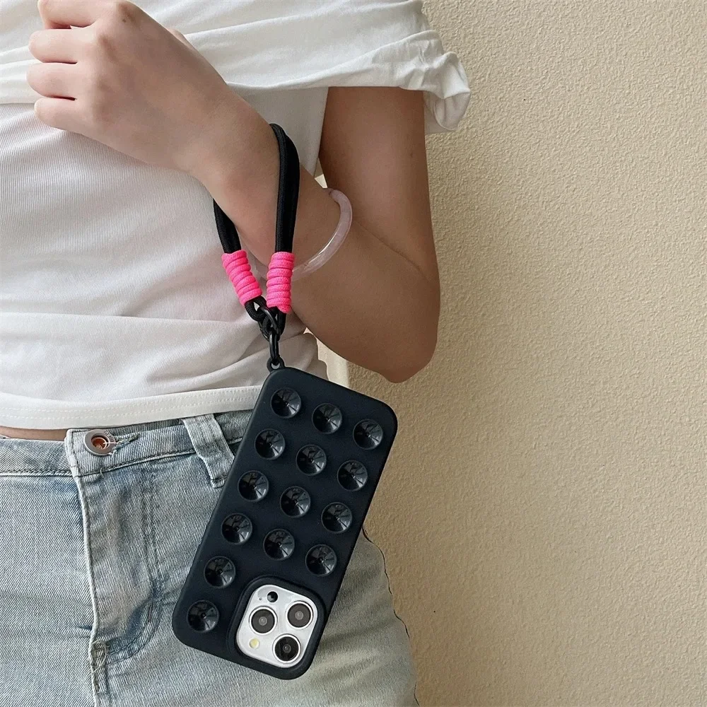 Charming Suction Cup Wrist Strap Case with Lanyard - Soft Liquid Silicone Solid Color Cover