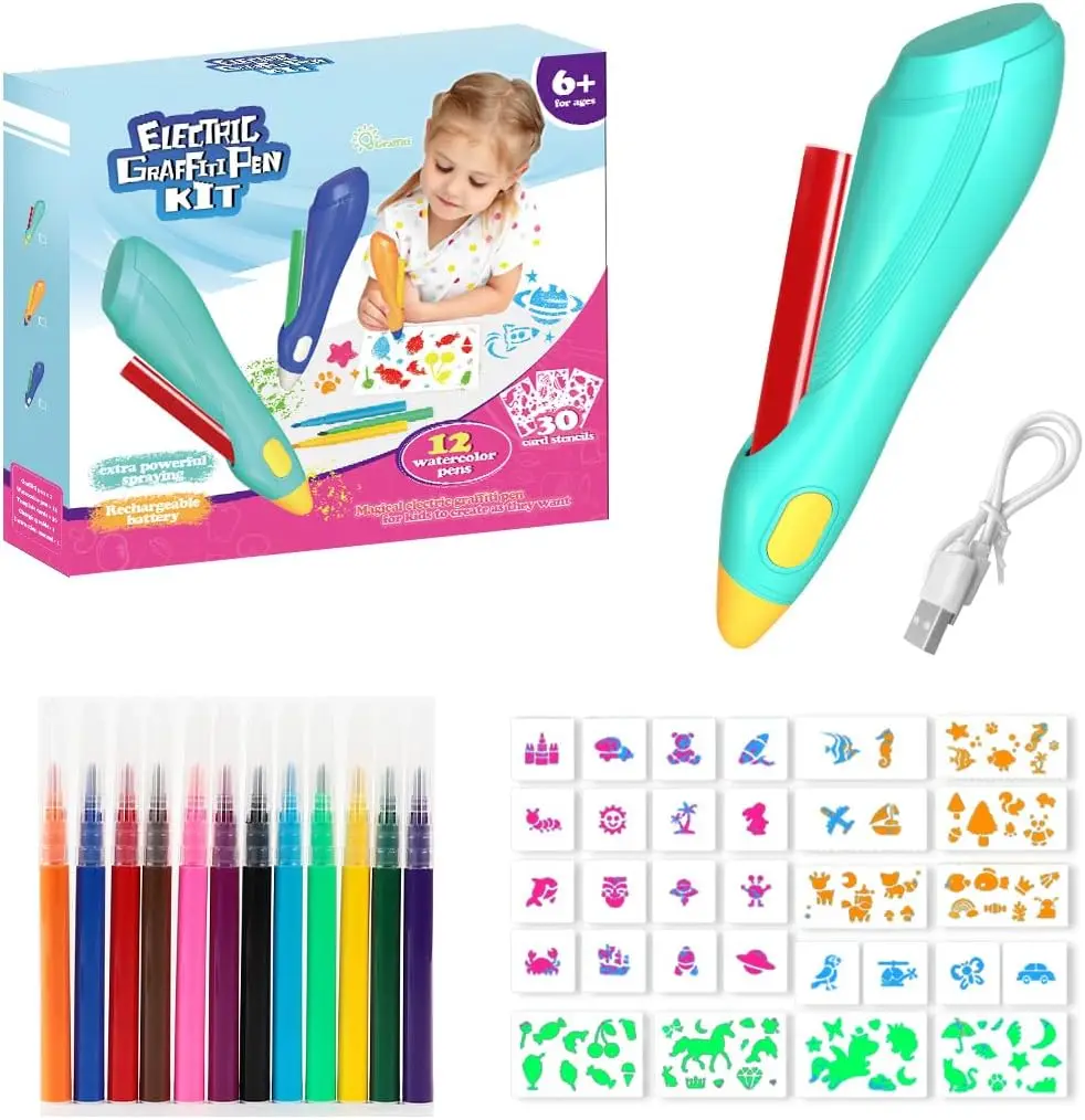 Kids Electric Paint Spray Pen Toy Washable 12 Colors Markers Blow