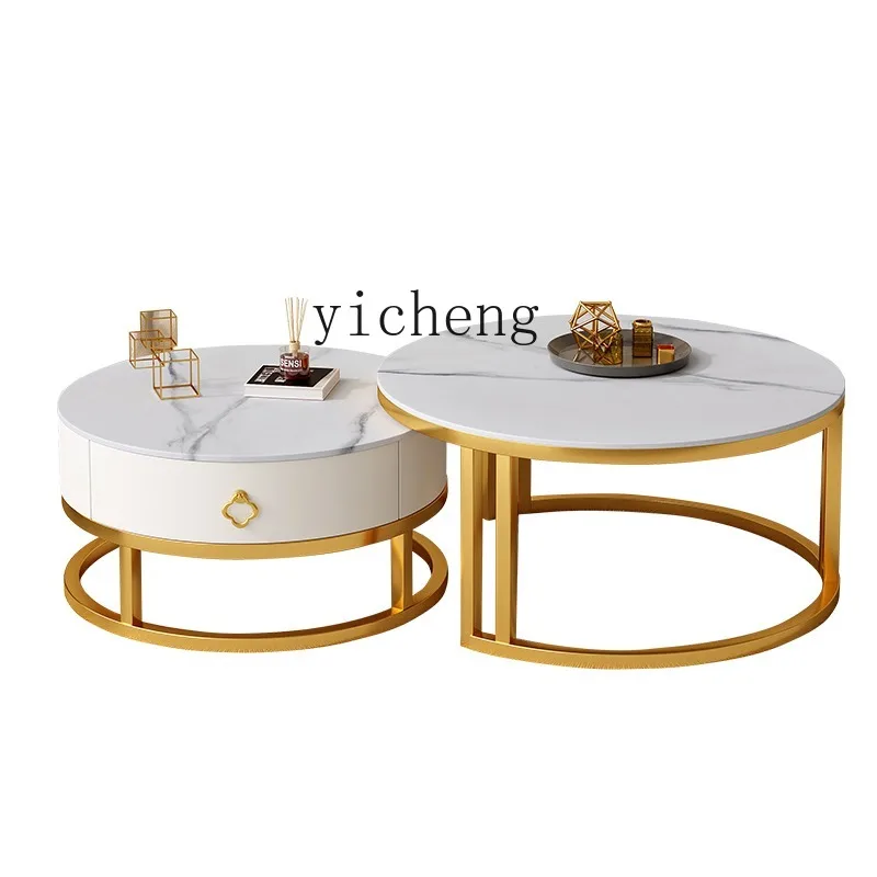 

ZC Stone Plate Coffee Table Small Apartment Living Room Home Glass round Tea Table Combination Modern Simple Small Table