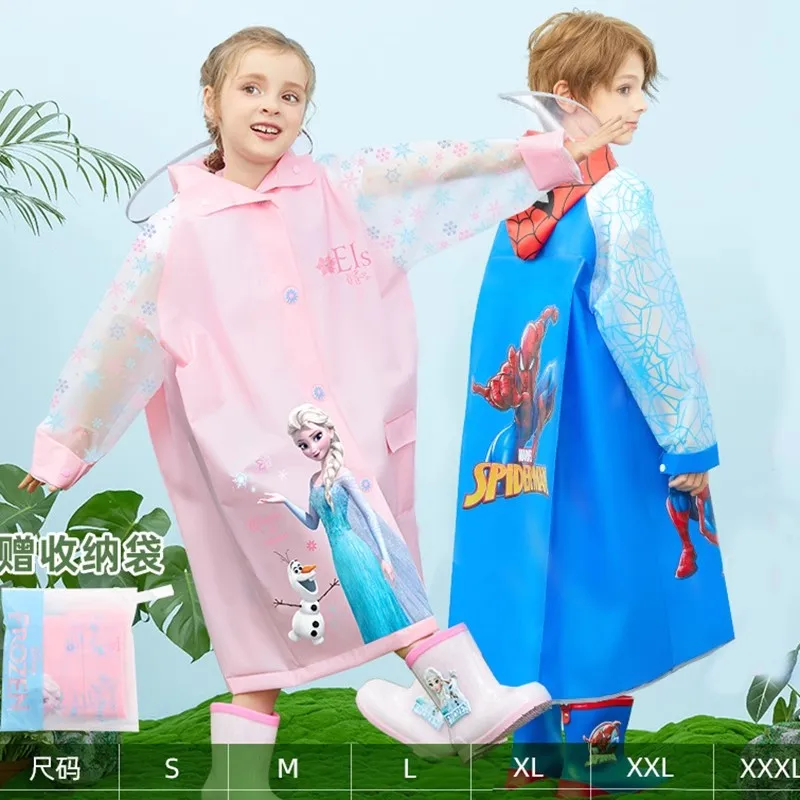 Raincoat Poncho Disney Kids Wateproof Elsa Spider-Man with Backpack Position Student RainWear