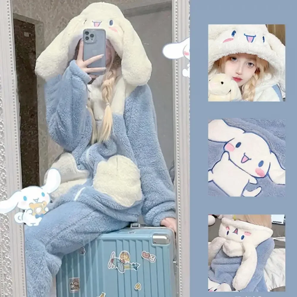 Kawaii Cinnamoroll Women Plush Pajamas Suit 2Pcs Winter Hooded Home Clothes Cartoon Thickened Homewear Girls Household Clothes women plush pajamas