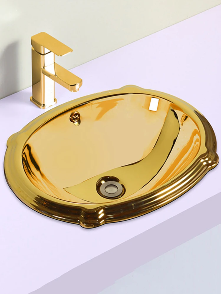 

European style circular basin under the table, ceramic wash basin, embedded small size bathroom wash basin, gold plated basin
