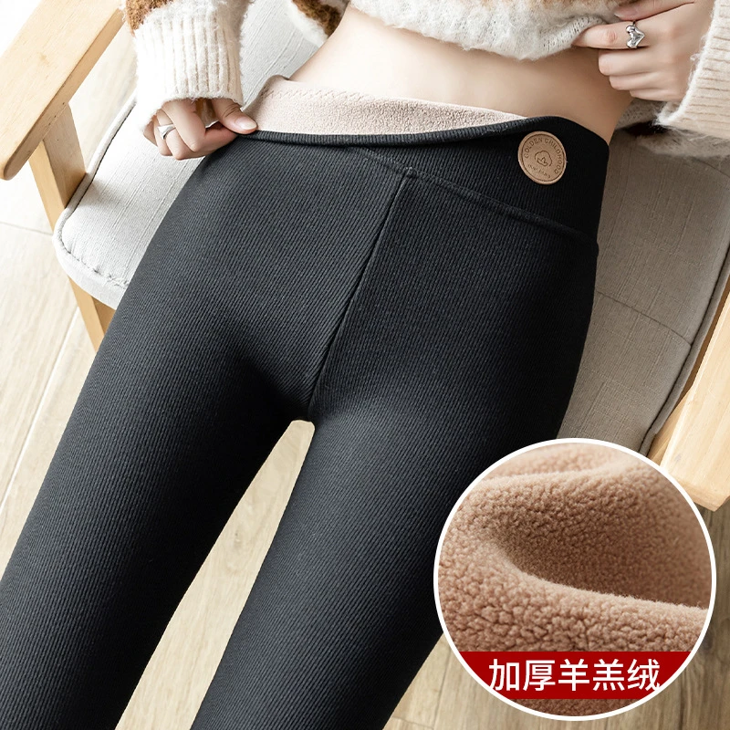 Large Size Lamb Fleece Leggings Female Autumn Winter High Waist Fat Mm