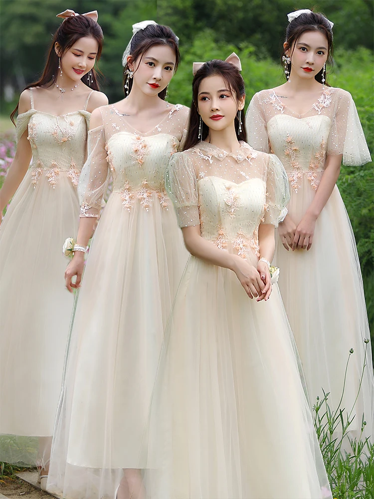 Off Shoulder Tulle Bridesmaid Dress Women Sequin Appliques A-line Sweet Choir Homecoming Dress Simple Elegant Graduation Gown