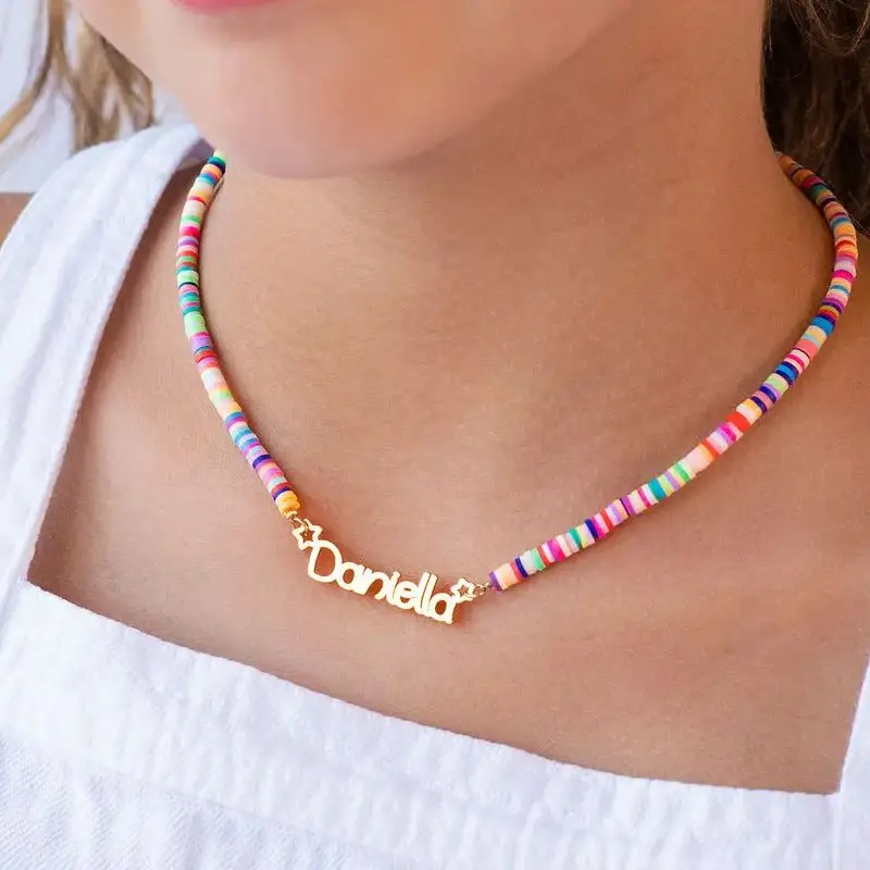 Soft Pottery Colorful Chain Pretty Girl Custom Name Necklace Rainbow Color Clay Kids Personalized Nameplate Necklaces Christmas personalized letter name pearl shell beaded choker necklace for women custom initial alphabet polymer clay bead necklace jewelry