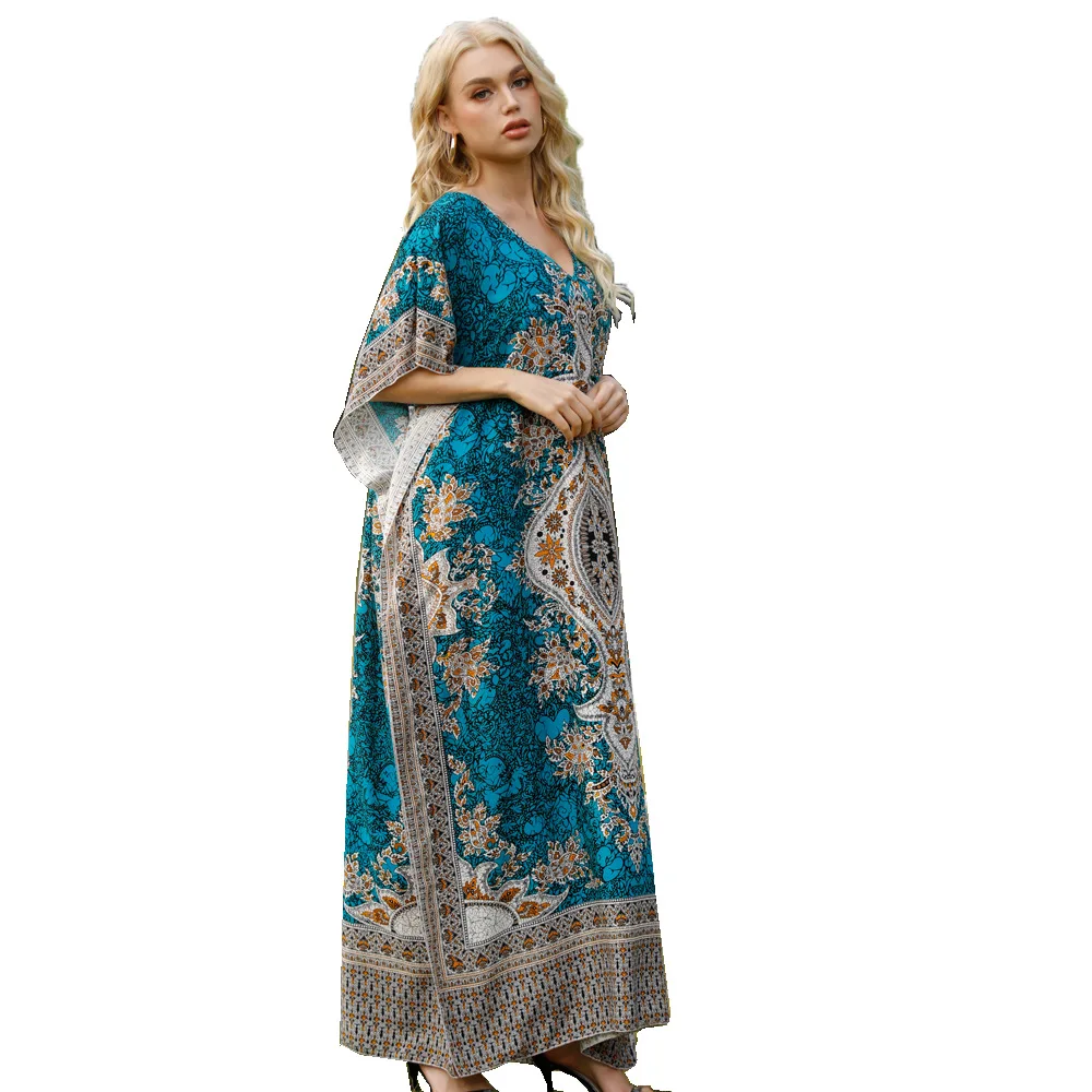 Moroccan Caftan Kaftan Abaya For Women V-neck Half Sleeves Print Abaya Dubai Muslim Turkey Islam Abaya Loose Women Clothing