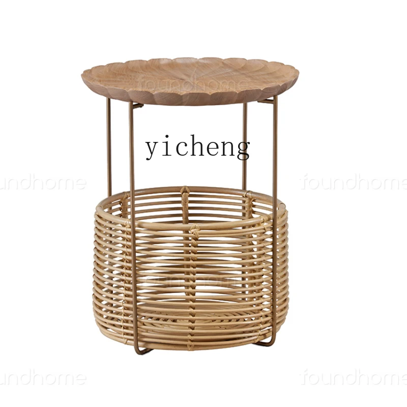 

Zc New Product Creative Small Coffee Table Solid Wood Rattan Corner Table round Living Room Sofa Iron Side Table