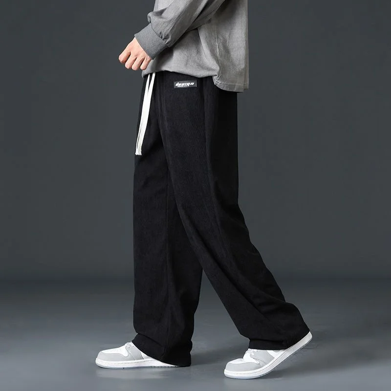 Korean Fashion Autumn Sports Casual Wide Leg Pants Men Solid Patchwork Drawstring Pocket Loose Versatile Trend Straight Trousers