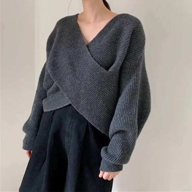 

Sueter Mujer Invierno 2022 Women's Sweater Long Sleeve Top V-neck Pullover Cross Sweater Loose Apricot Grey Black Khaki Color