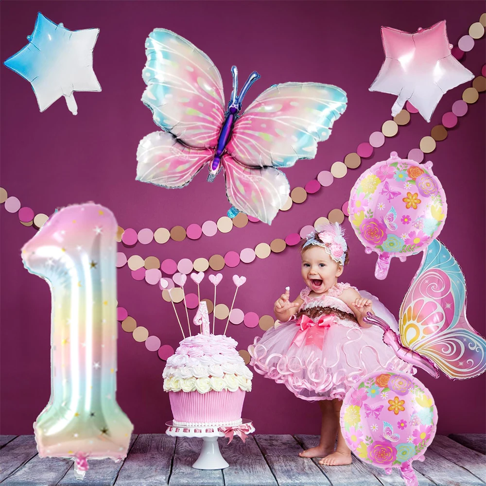 Anniversaire Fille Thème Papillon Kit Décoration Anniversaire Fille 7 Ans Thème Papillon - Vaisselle, Nappe, Ballons Pour 16 Invités Assiette Jetable Anniversaire Fille