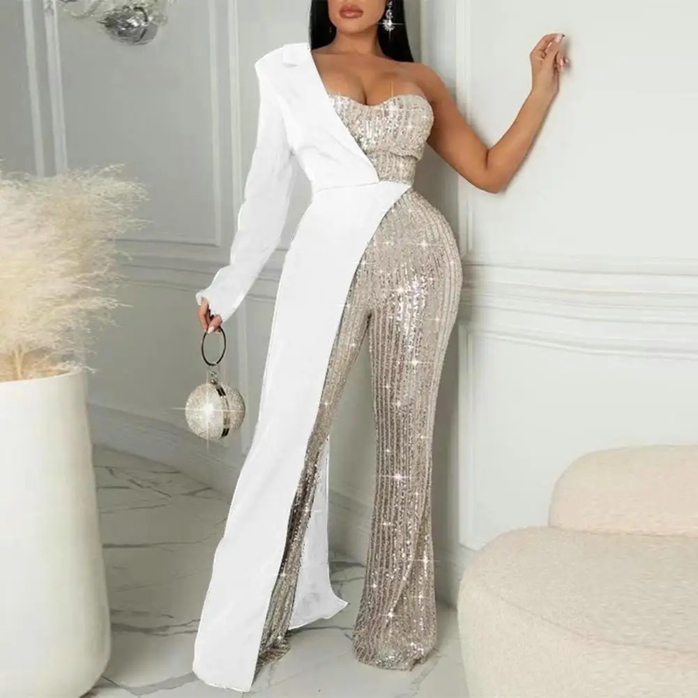 

Women Party Jumpsuit Elegant One Shoulder Sequin Jumpsuit for Women Asymmetric Wide Leg Prom Party Suit with Tight Waist Shiny