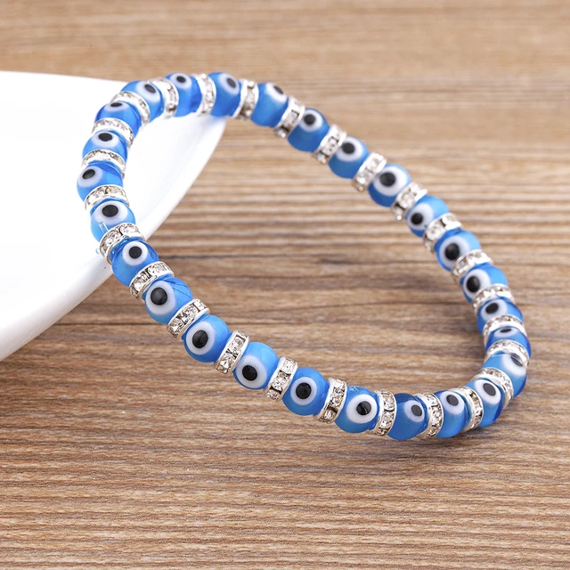 Evil Eye Bracelet, White Blue Bead Bracelet, Blue Evil Eye Beads,  Stretchable Bracelet, Glass Evil Eye, Evil Eye Charm, Handmade Evil Eye 