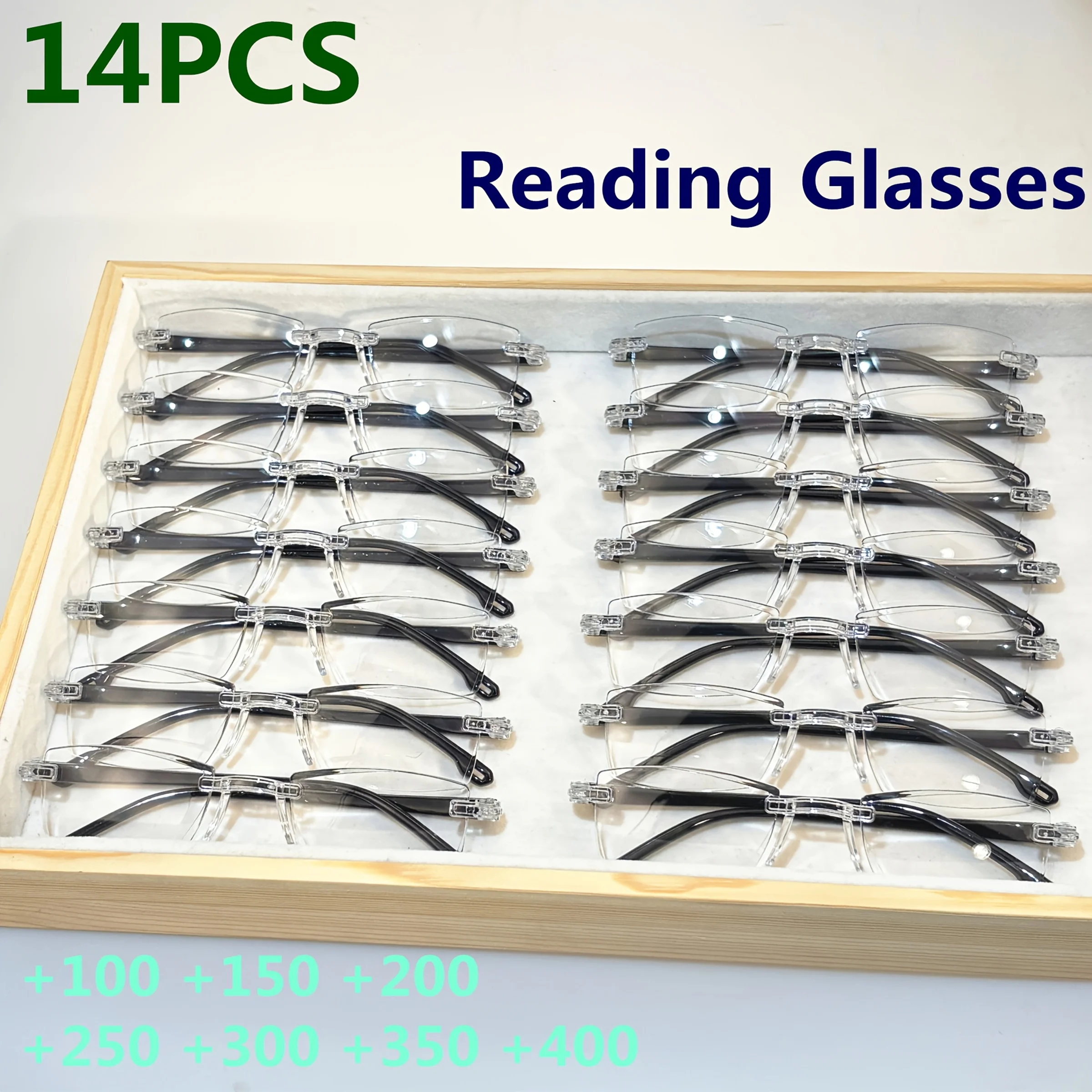 14-Pack Vintage Style Rimless Reading Glasses - Rectangular Frame, Blue Light Blocking, Anti-Fatigue, Unisex, Lightweight PC 14-Pack Vintage Style Rimless Reading Glasses - Rectangular Frame, Blue Light Blocking, Anti-Fatigue, Unisex, Lightweight PC