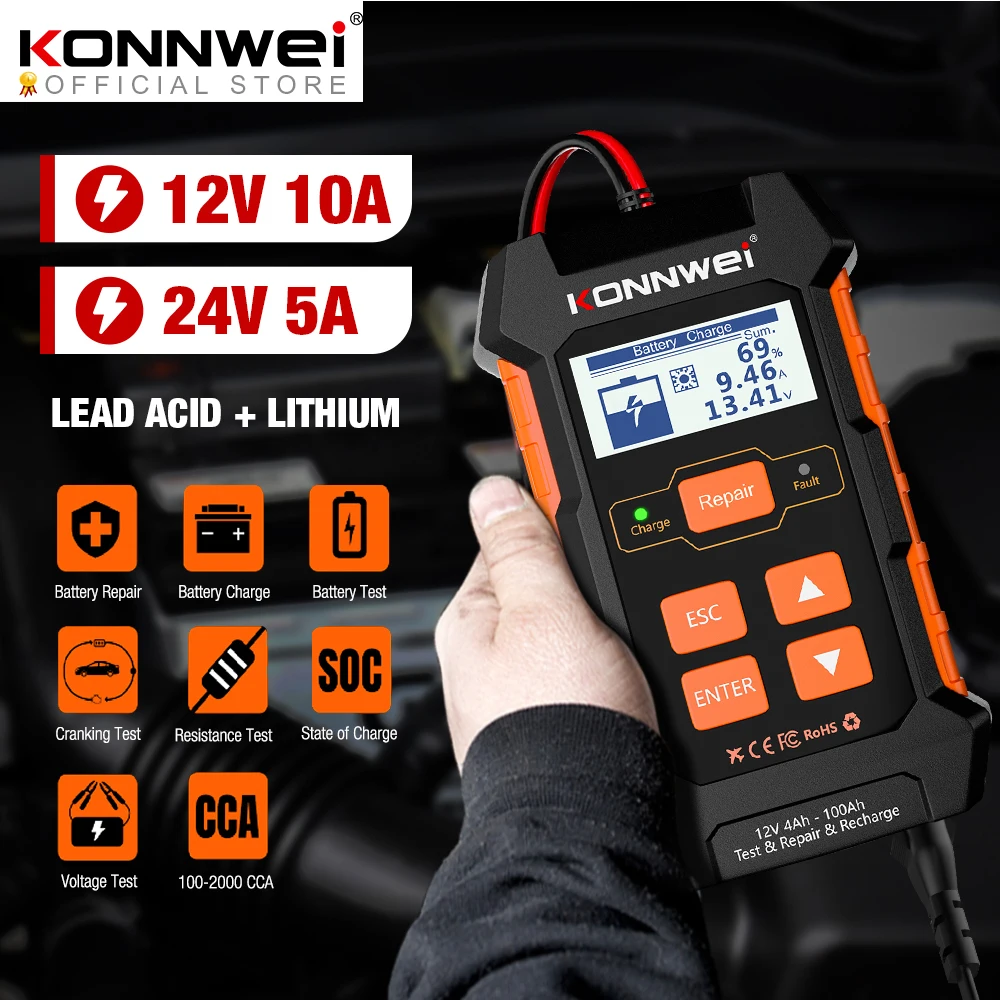 

KONNWEI KW520 12V 10A 24V 5A Automatic Car Truck Battery Tester Charger Lead Acid Car Battery Pulse Repair Tool AGM Gel Lithium