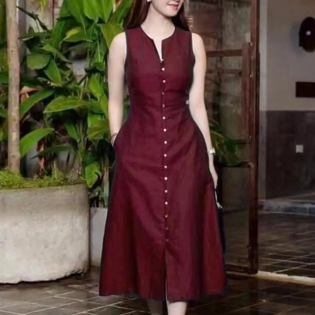 

Women Solid Color Dress Elegant V Neck Midi Dress with Buttons Pockets for Women Sleeveless A-line Summer Dress with for Any