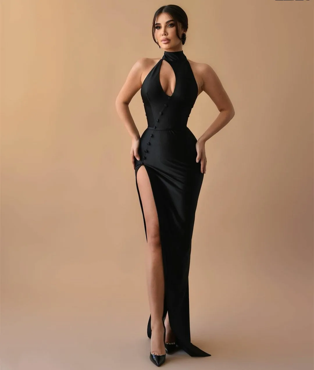 

Sexy Black Halter Satin Evening Dresses With Slit فساتين السهرة Long Mermaid Sweep Train Prom Dress Robe de soirée for Women