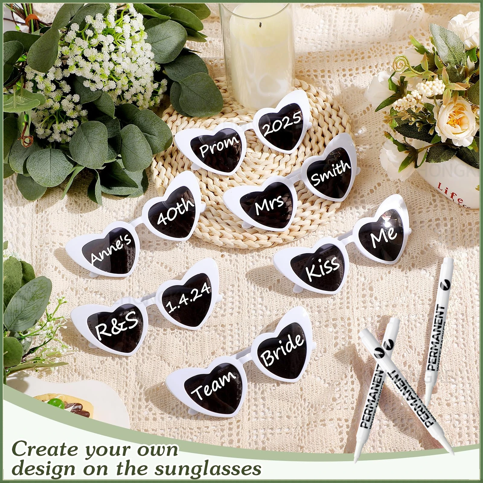 100-10Pcs DIY 웨딩 선글라스 펜으로 개인화 된 하트 선글라스 독신 파티 안경 손님을위한 신부 들러리 선물