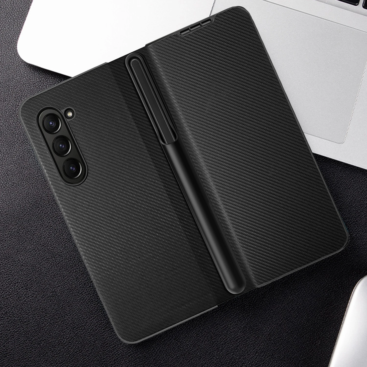 with S Pen Slot For Samsung Galaxy Z Fold 5 4 3 Case Leather Carbon Fiber 360 Full Protection Magnetic Aramid Fiber Flip Cover
