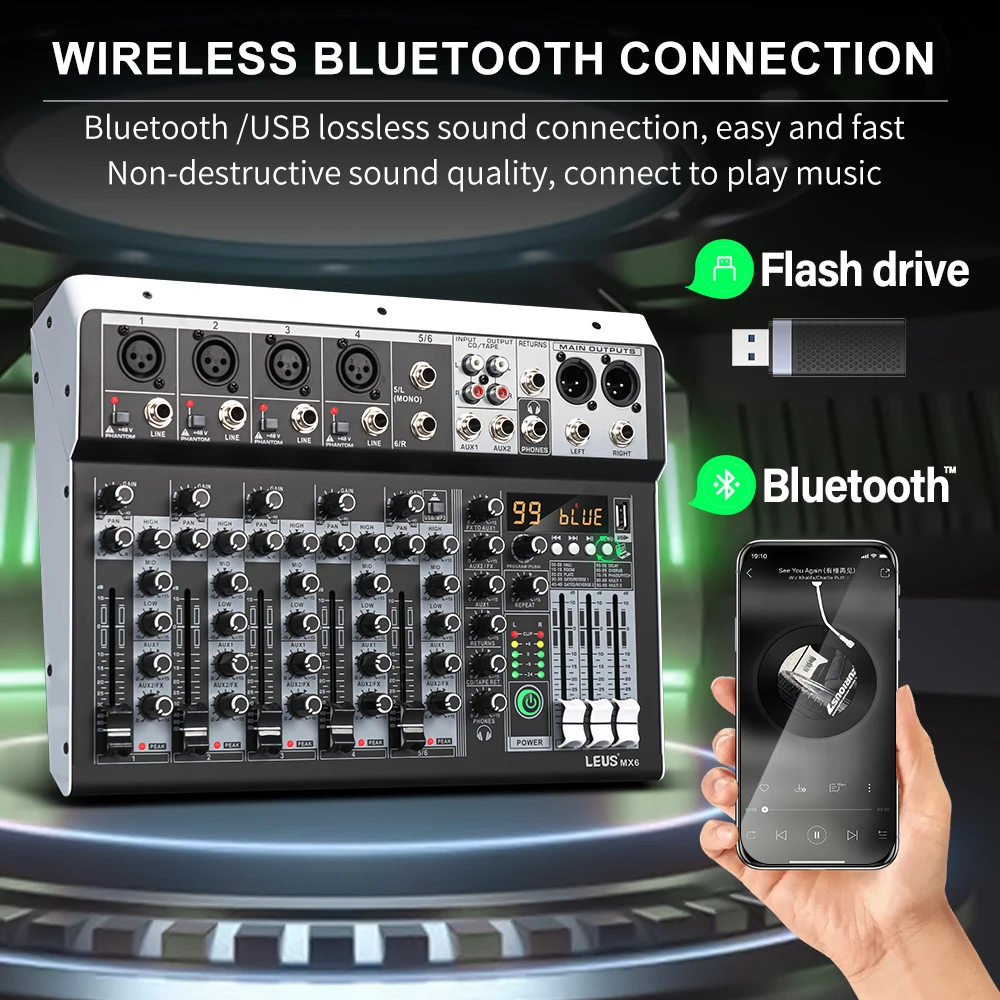 Audio Mixer LEUS MX6 Channel 99 DSP Effect Audio Mixer Record PC 48V Phantom Power USB Sound Mixers Bluetooth DJ Console Mixing for Karaok