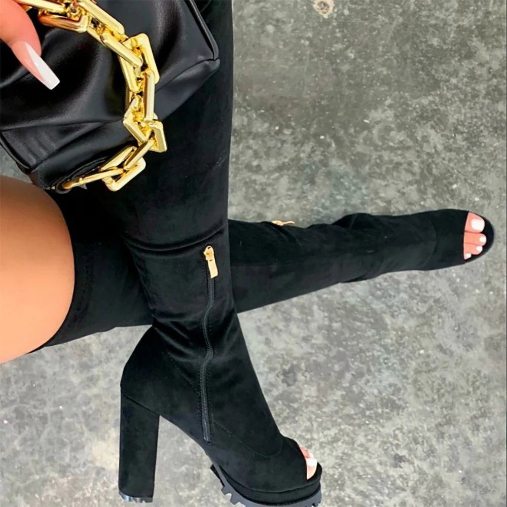 

Platform Women Boots Suede 2022 Luxury Winter High Heels Elastic Force Fish Mouth Shoes Punk Waterproof Plus Size Tacones Mujer