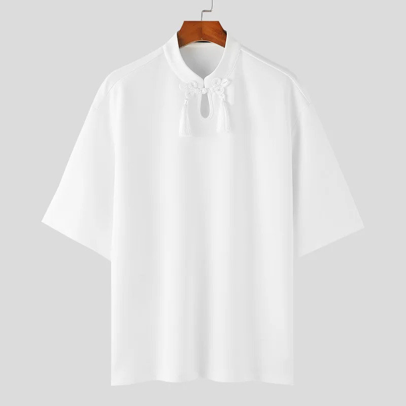 thumbnail image 1 of INCERUN Tops 2024 estilo coreano para hombre, camiseta con decoración de borlas y hebilla, camiseta informal de verano para hombre, cuello alto, manga corta, camiseta S-5XL, 1 of 5