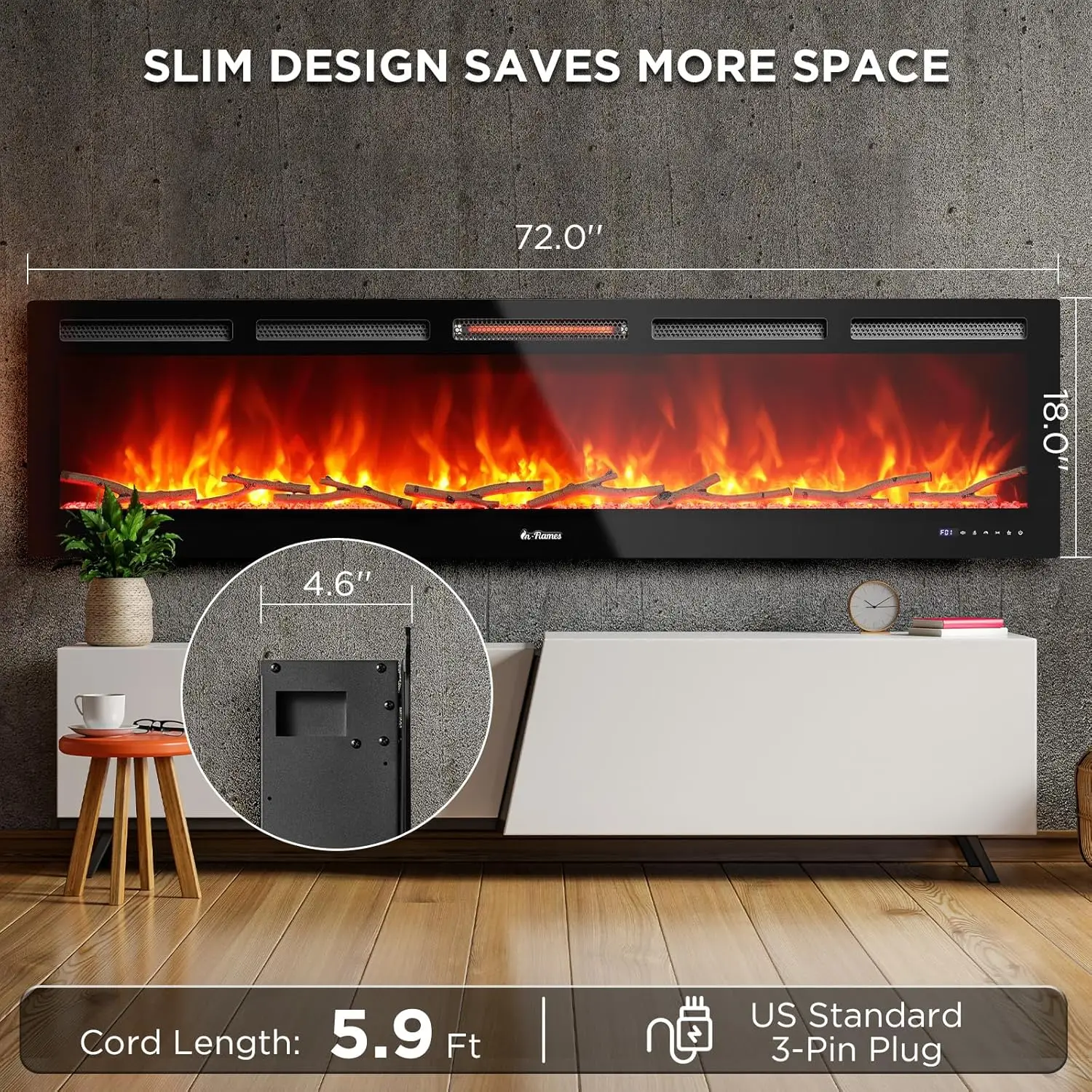 72&rdquo; Smart WiFi Infrared Electric Fireplace with Sound Crackling and Realistic Flame 1500W Quartz Heater Recessed or Wall Mounted