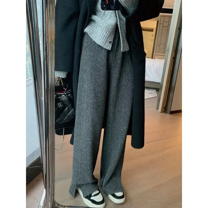Deeptown Woolen Pants for Women Autumn Winter High Waist Wide Leg Trousers Old Money Style Loose Straight Pants Vintage Fashion