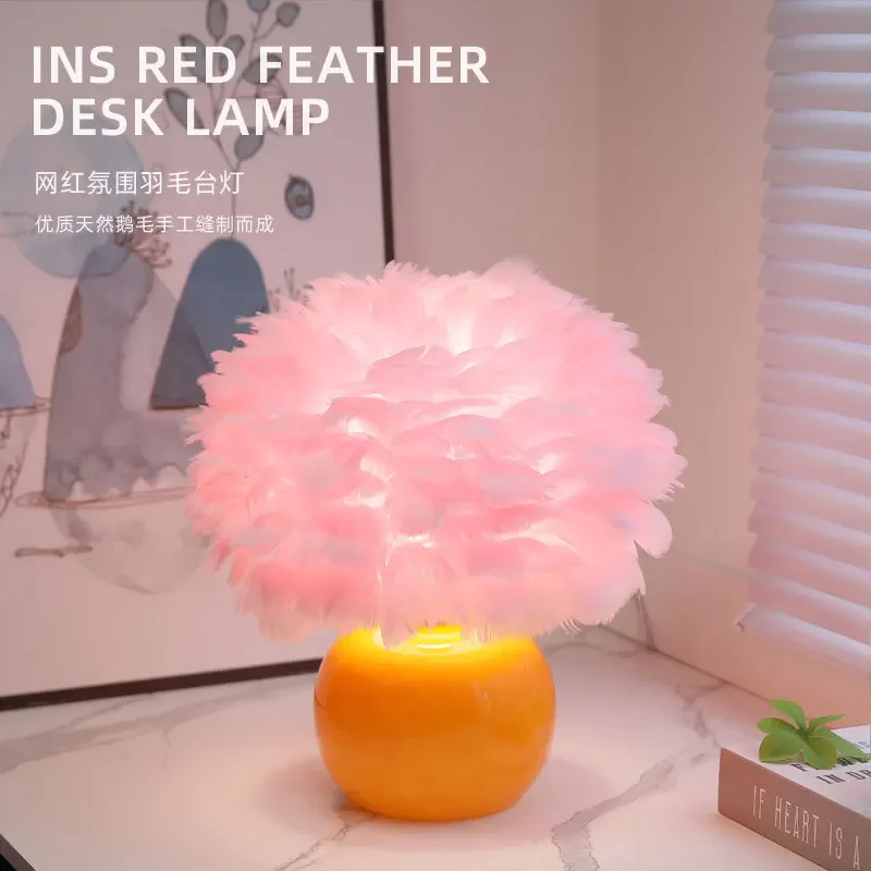 

Nordic atmosphere feather table lamp ins creative gift lamp living room bedroom study LED warm night light bedside lamp