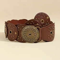 Vintage - Inspired Disc Punch Belt with Riveted Metal Buckle - 2024 Fashion Trend - 100cm (Bronze red - brown)