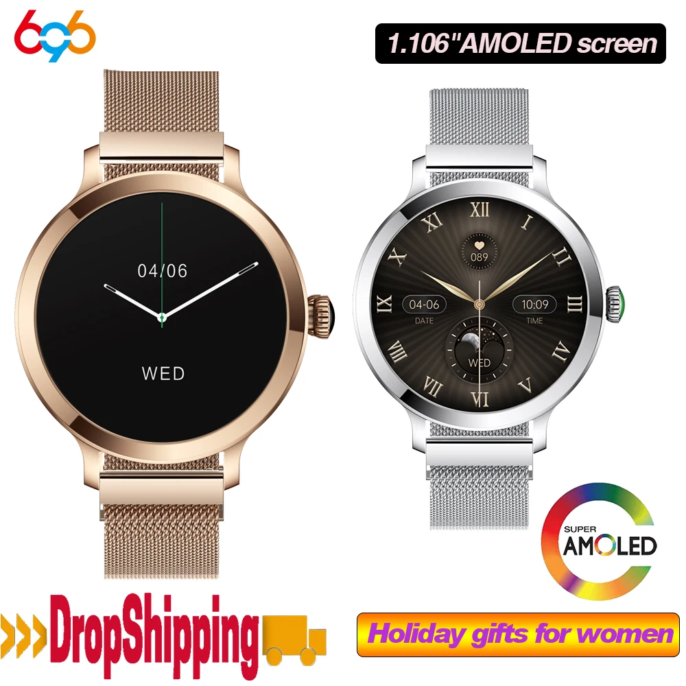 

Fashion AMOLED Screen Women Blue Tooth Call Smart Watch Heart Rate IP68 Waterproof Watches Lady Sports Fitness Music Smartwatch