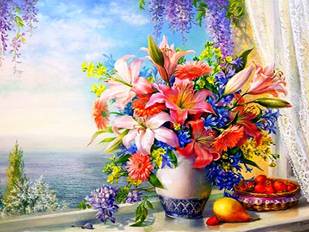 Landschaft Blumen Meer Gedruckt Leinwand Kreuz Stich Stickerei Kit Malerei Handarbeit Handwerk Nähen Magie Großhandel Schmuck – Detail 16