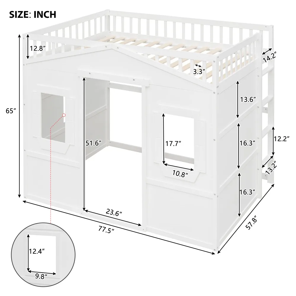 Full Size Loft Bed with Safety Guardrail for Kids Boys Girls, Playhouse Design Solid Wood Loft Bed Frame with Ladder and Windows 6