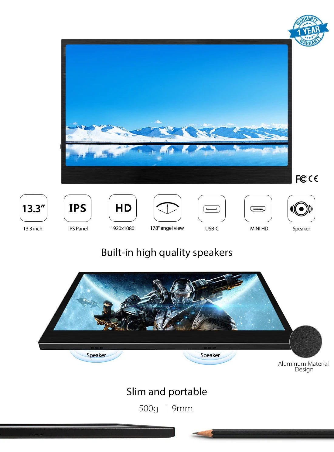 Elecrow LCD 모니터 13.3 인치 휴대용 USB-C 디스플레이 1920*1080P HD-타입 C 디자인 화면 라즈베리 파이 비 터치 스크린