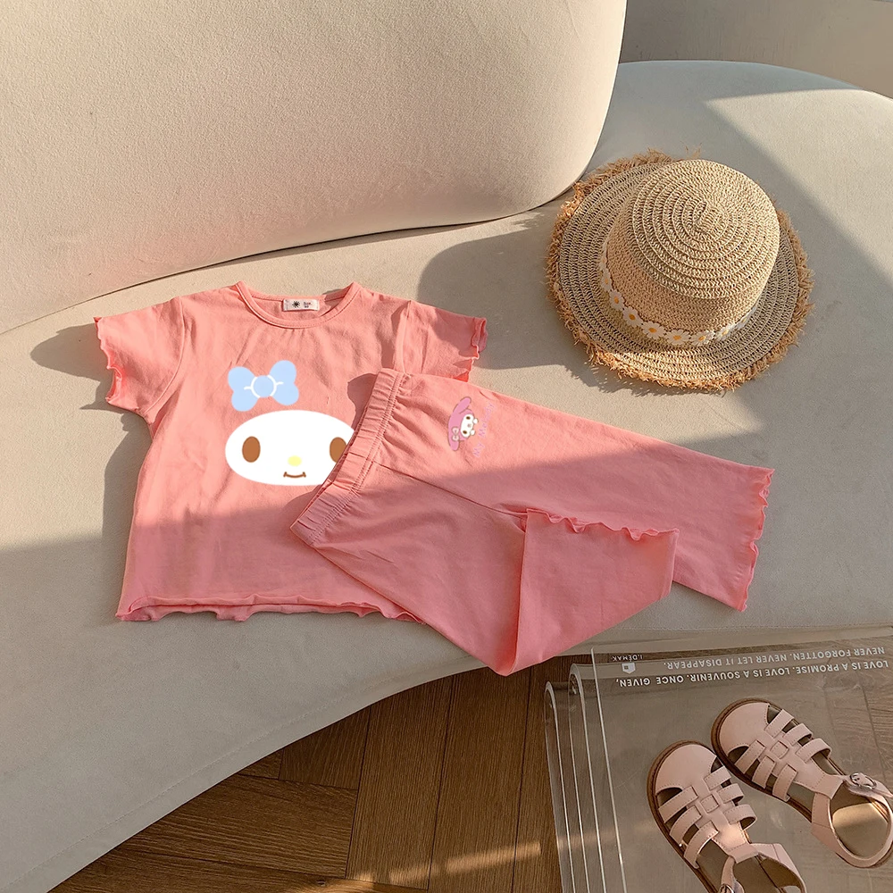 

Sanrios Hello Kitty Kuromi Baby Children Pajamas Set Melody Cute Cartoon Soft Breathable Short Sleeves Pants Home Pajamas Set