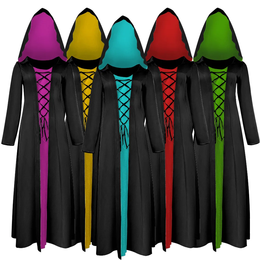 

Женское готическое платье с капюшоном, длинное платье с перекрестной шнуровкой, костюм для Хэллоуина, выступления на сцене, 2022