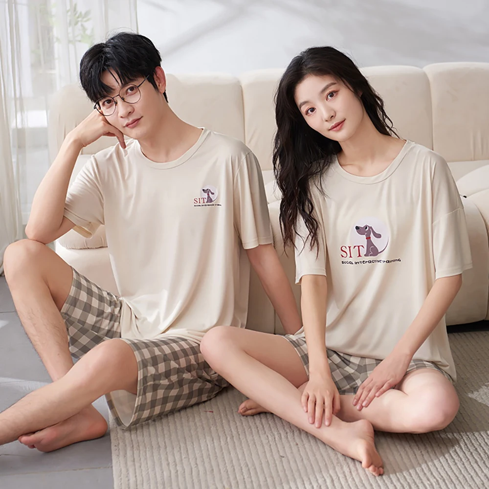 Women's Summer Soft Modal Pajamas Elastic Shorts Suit Simple Casual Letters Print Short Sleeve Men Pajama Sets Couple Sleepwear